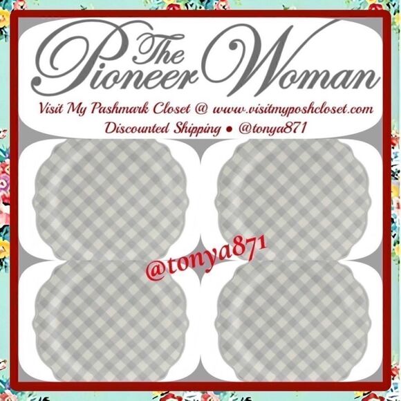 🦋 New Pioneer Woman Gray Gingham Dinner Plates, Set of 4 - Picture 3 of 6